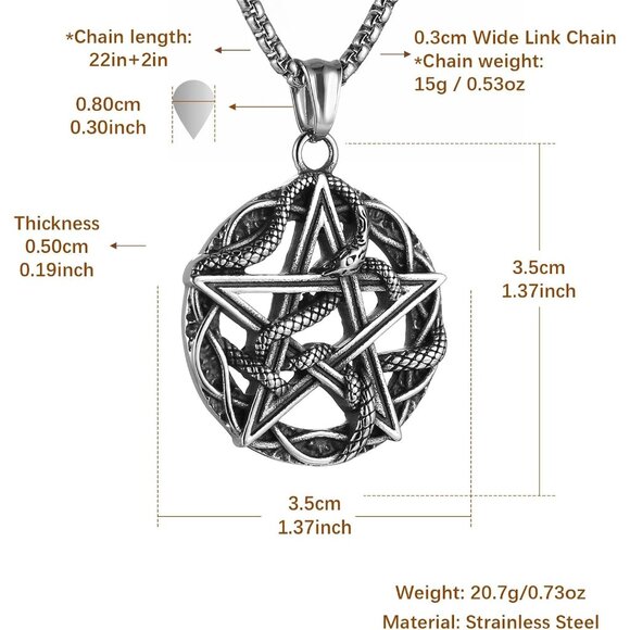 Men's Pentagram Snake Gothic Stainless Steel Snake Pendant Jewlery Chain - Picture 5 of 6